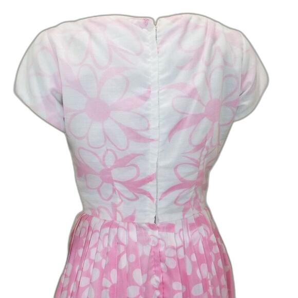 1950s Pink White Floral Handmade Pleated Fit Flare Short Sleeve Puffy Midi Dress - Picture 5 of 8